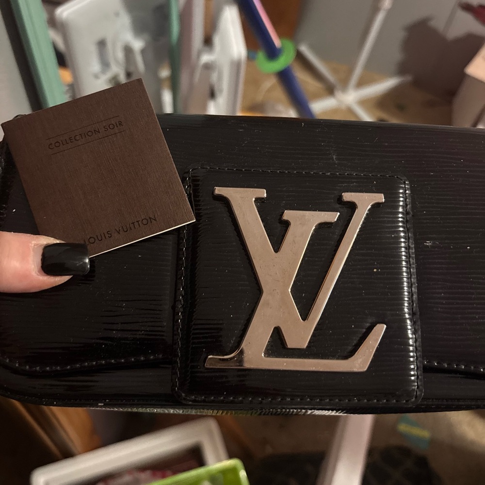 Louis Vuitton Black Patent Epi Clutch with Silver LV Plaque